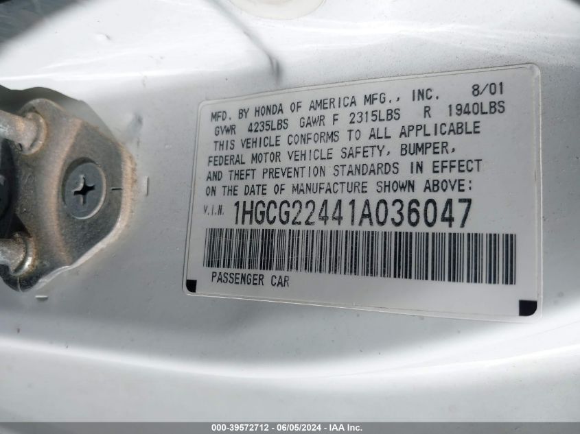 2001 Honda Accord 3.0 Lx VIN: 1HGCG22441A036047 Lot: 39572712