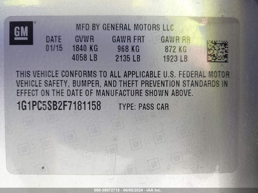 2015 Chevrolet Cruze 1Lt Auto VIN: 1G1PC5SB2F7181158 Lot: 39572715