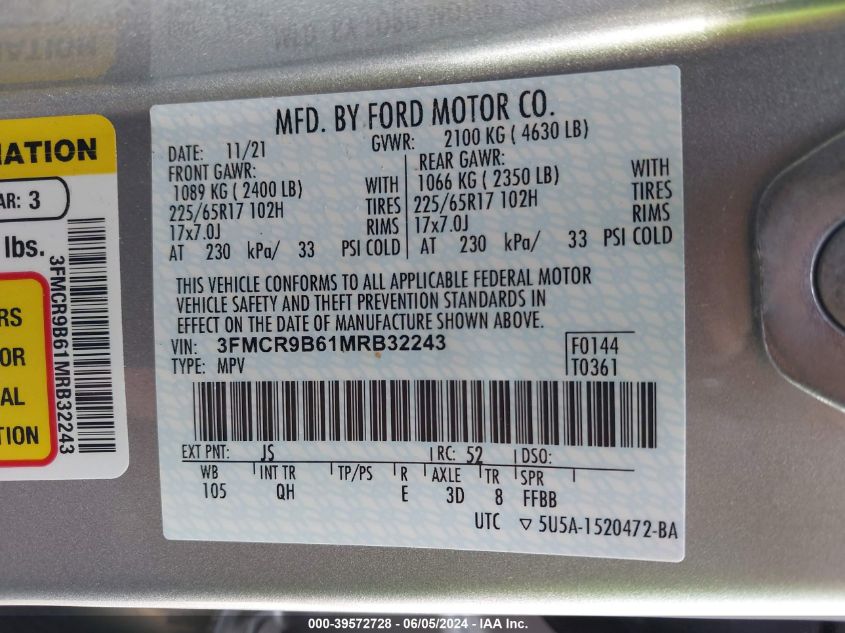 2021 Ford Bronco Sport Big Bend VIN: 3FMCR9B61MRB32243 Lot: 39572728