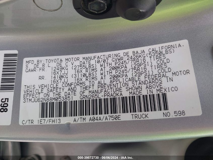 2008 Toyota Tacoma Prerunner V6 VIN: 3TMJU62N88M053851 Lot: 39572730