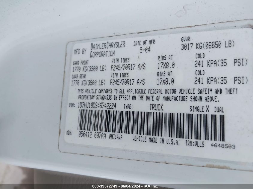 2004 Dodge Ram 1500 Slt/Laramie VIN: 1D7HU18D94S742224 Lot: 39572749