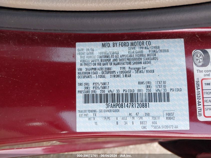 2007 Ford Fusion Sel VIN: 3FAHP08147R120881 Lot: 39572761