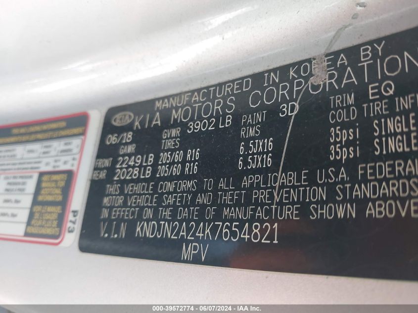 2019 Kia Soul VIN: KNDJN2A24K7654821 Lot: 39572774