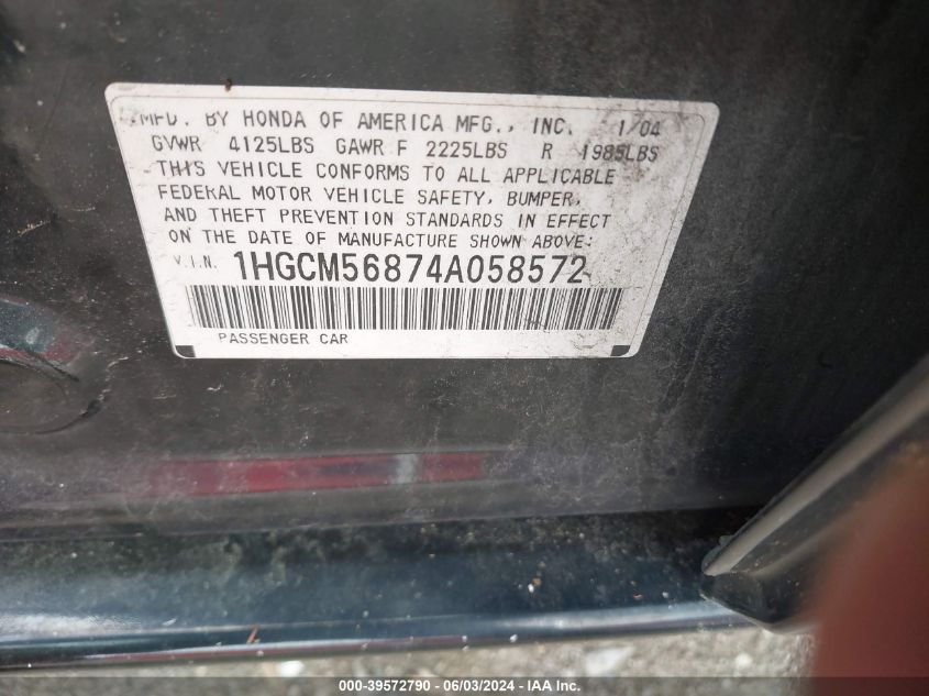 2004 Honda Accord 2.4 Ex VIN: 1HGCM56874A058572 Lot: 39572790