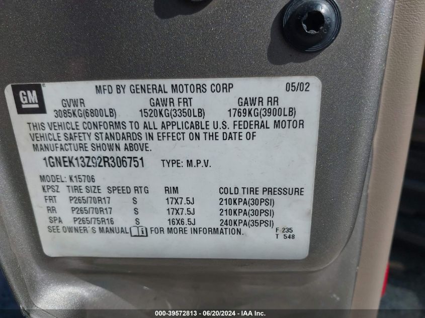 2002 Chevrolet Tahoe K1500 VIN: 1GNEK13Z92R306751 Lot: 39572813