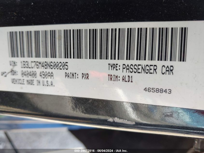 2008 Dodge Avenger R/T VIN: 1B3LC76M48N600205 Lot: 39572816