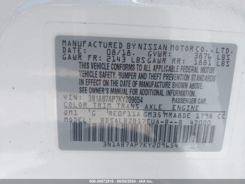 3N1AB7AP7KY209654 2019 Nissan Sentra S