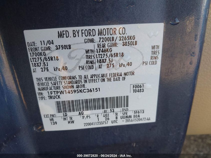 2005 Ford F-150 Fx4/Lariat/Xlt VIN: 1FTPW14595KC36151 Lot: 39572820