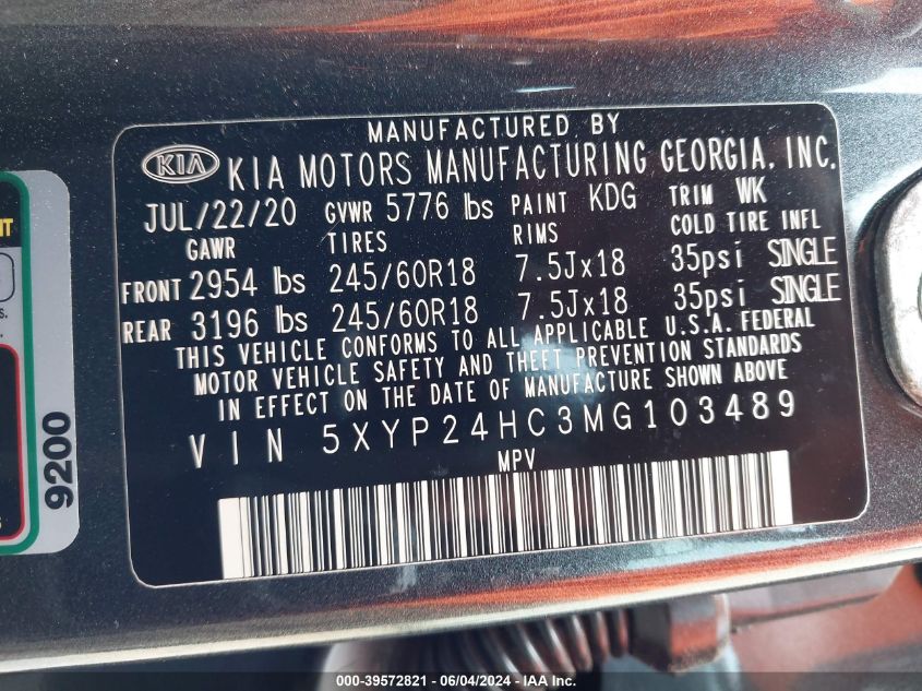 2021 Kia Telluride Lx VIN: 5XYP24HC3MG103489 Lot: 39572821