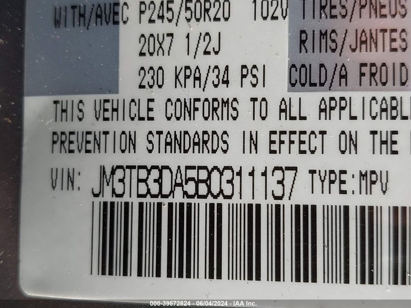 2011 Mazda Cx-9 Grand Touring VIN: JM3TB3DA5B0311137 Lot: 39572824