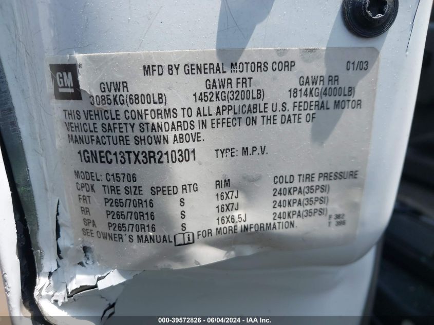 2003 Chevrolet Tahoe Ls VIN: 1GNEC13TX3R210301 Lot: 39572826