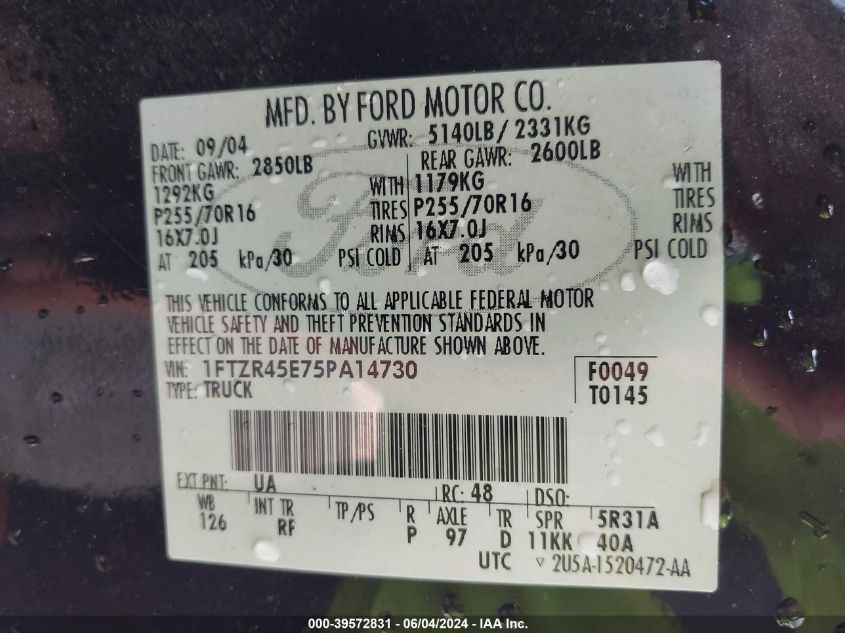 2005 Ford Ranger Edge/Fx4 Level Ii/Fx4 Off-Road/Xlt VIN: 1FTZR45E75PA14730 Lot: 39572831