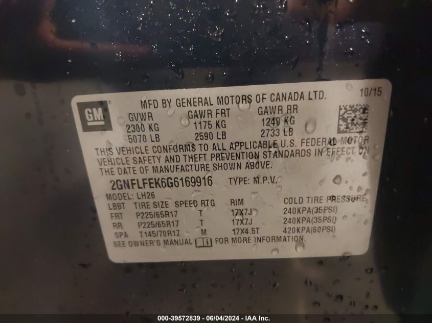 2016 Chevrolet Equinox Lt VIN: 2GNFLFEK6G6169916 Lot: 39572839