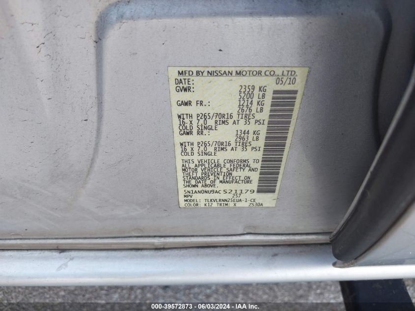 2010 Nissan Xterra S VIN: 5N1AN0NU9AC521179 Lot: 39572873