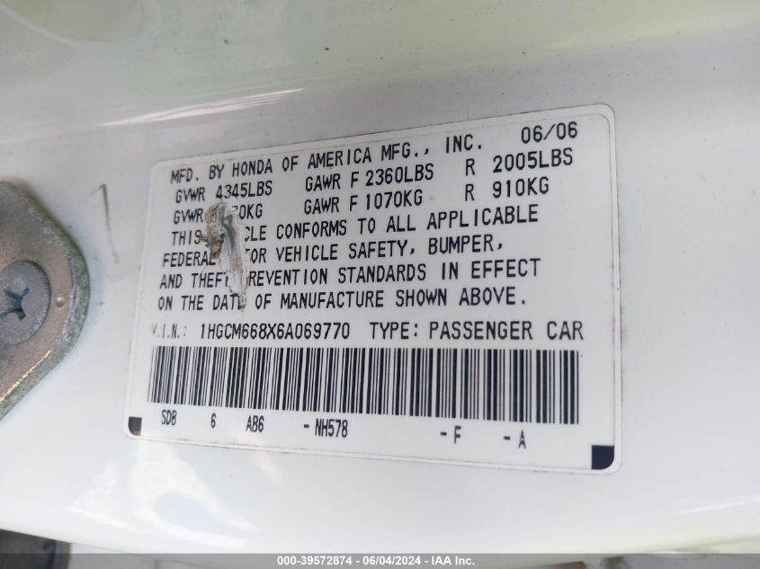 1HGCM668X6A069770 2006 Honda Accord 3.0 Ex