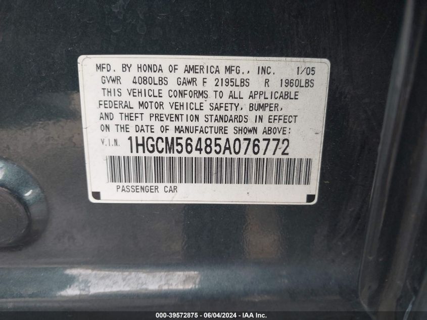 2005 Honda Accord 2.4 Lx VIN: 1HGCM56485A076772 Lot: 39572875