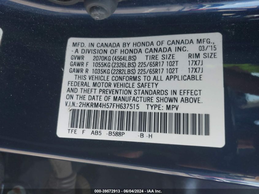 2015 Honda Cr-V Ex VIN: 2HKRM4H57FH637515 Lot: 39572913