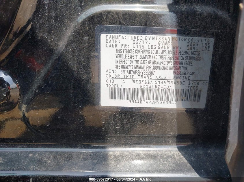 2017 Nissan Sentra Sv VIN: 3N1AB7AP2HY329967 Lot: 39572917