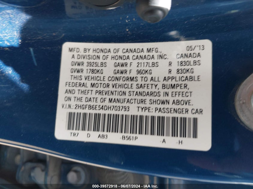 2013 Honda Civic Si VIN: 2HGFB6E54DH703793 Lot: 39572918