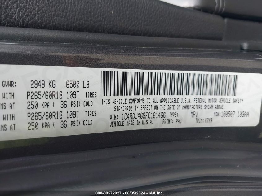 2015 Dodge Durango Sxt VIN: 1C4RDJAG9FC161466 Lot: 39572927