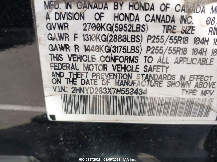 2007 Acura Mdx Technology Package VIN: 2HNYD283X7H553434 Lot: 39572926