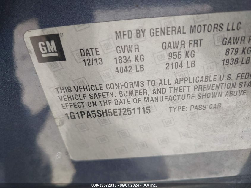 2014 Chevrolet Cruze Ls Auto VIN: 1G1PA5SH5E7251115 Lot: 39572933