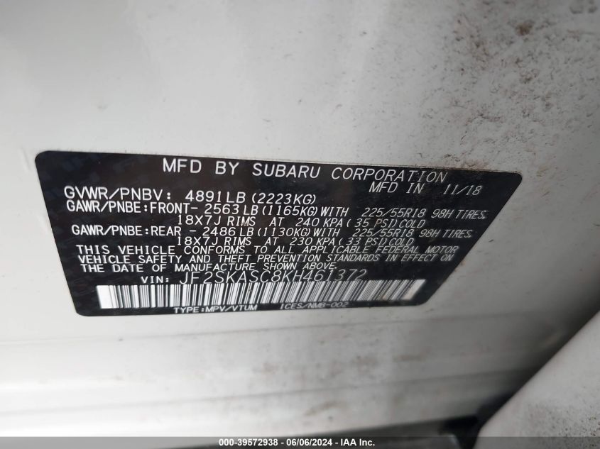 2019 Subaru Forester Limited VIN: JF2SKASC8KH461372 Lot: 39572938