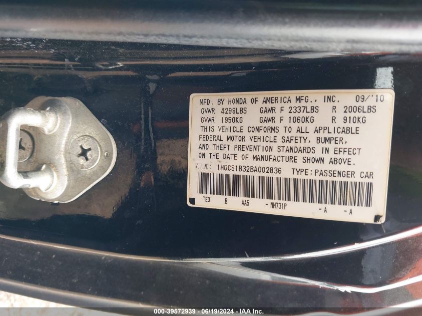 2011 Honda Accord 2.4 Lx-S VIN: 1HGCS1B32BA002836 Lot: 39572939