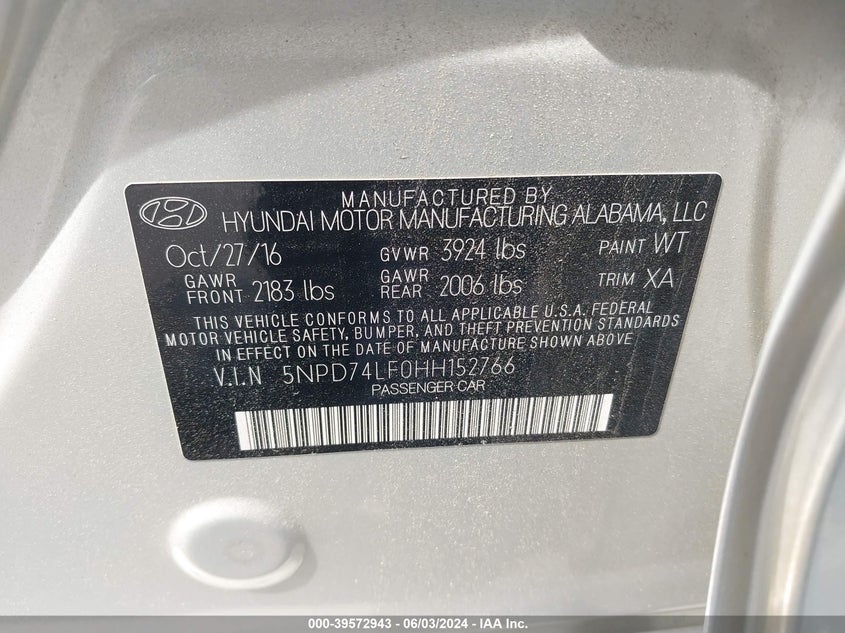 VIN 5NPD74LF0HH152766 2017 HYUNDAI ELANTRA SE