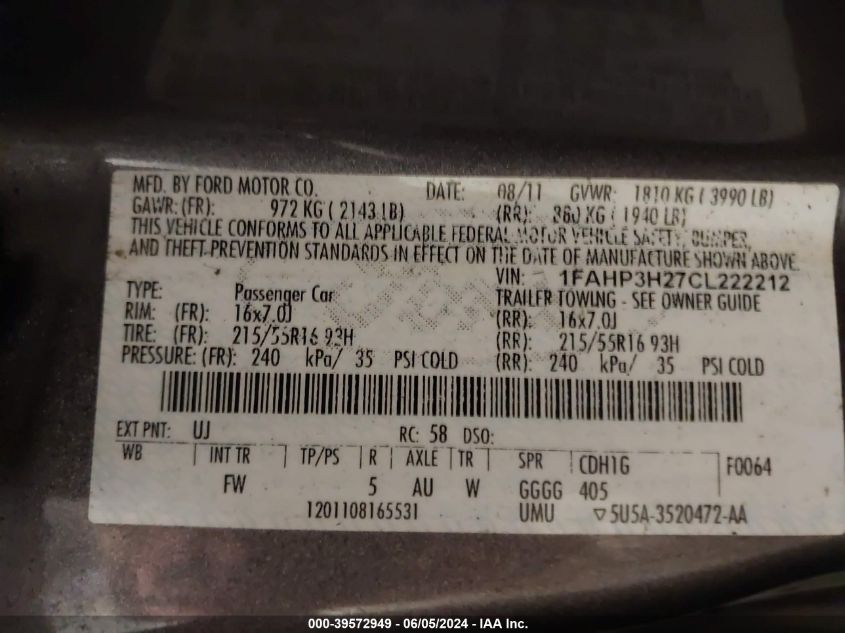 2012 Ford Focus Sel VIN: 1FAHP3H27CL222212 Lot: 39572949