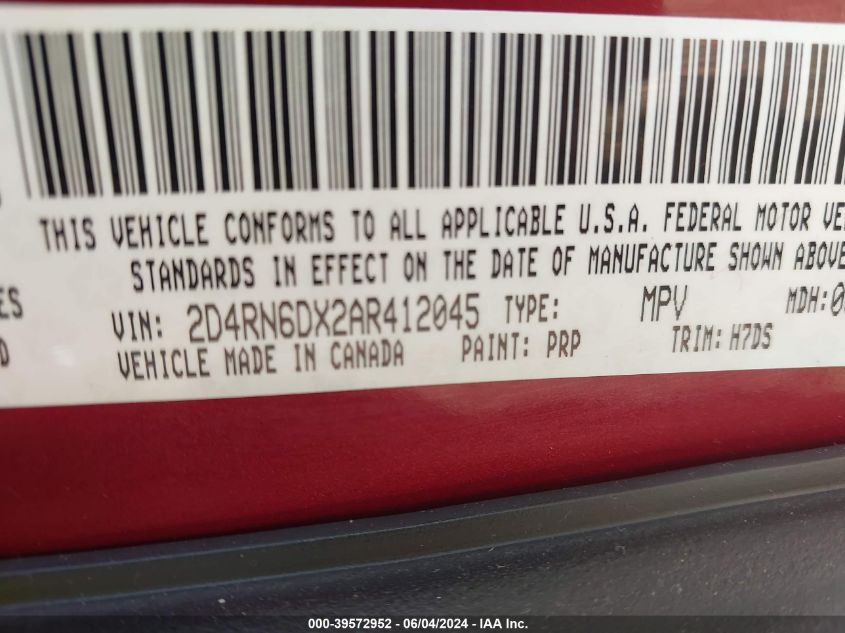 2010 Dodge Grand Caravan Crew VIN: 2D4RN6DX2AR412045 Lot: 39572952