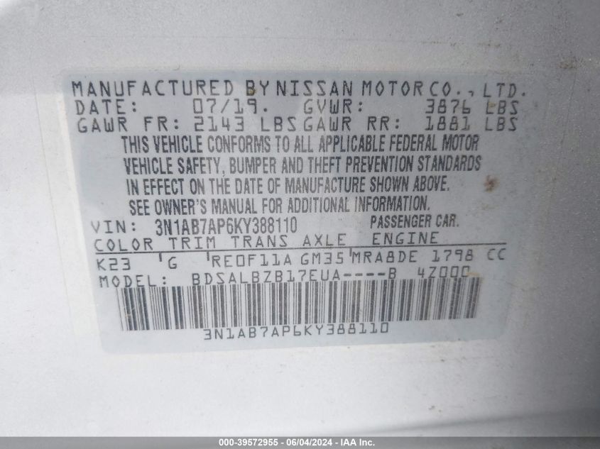 3N1AB7AP6KY388110 2019 Nissan Sentra S