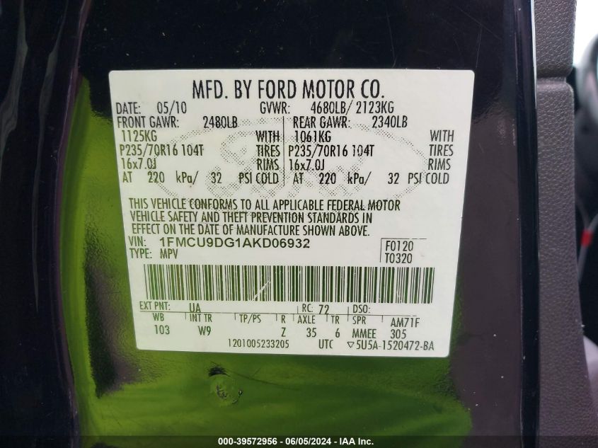 2010 Ford Escape Xlt VIN: 1FMCU9DG1AKD06932 Lot: 39572956