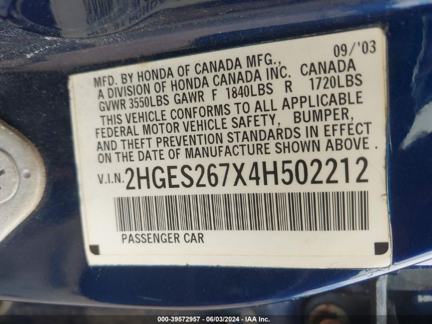 2004 Honda Civic Ex VIN: 2HGES267X4H502212 Lot: 39572957