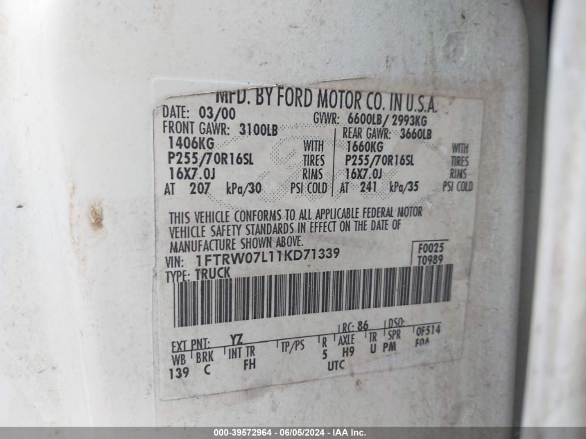 2001 Ford F-150 Harley-Davidson Edition/King Ranch Edition/Lariat/Xlt VIN: 1FTRW07L11KD71339 Lot: 39572964