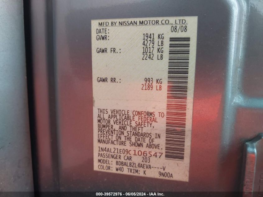 2009 Nissan Altima 2.5 S VIN: 1N4AL21E09C106547 Lot: 39572976