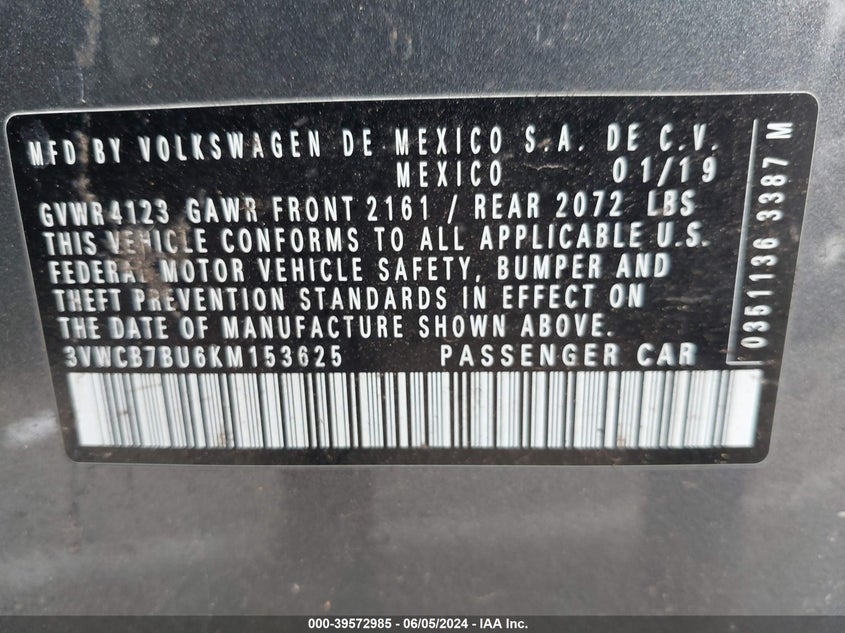 2019 Volkswagen Jetta 1.4T R-Line/1.4T S/1.4T Se VIN: 3VWCB7BU6KM153625 Lot: 39572985