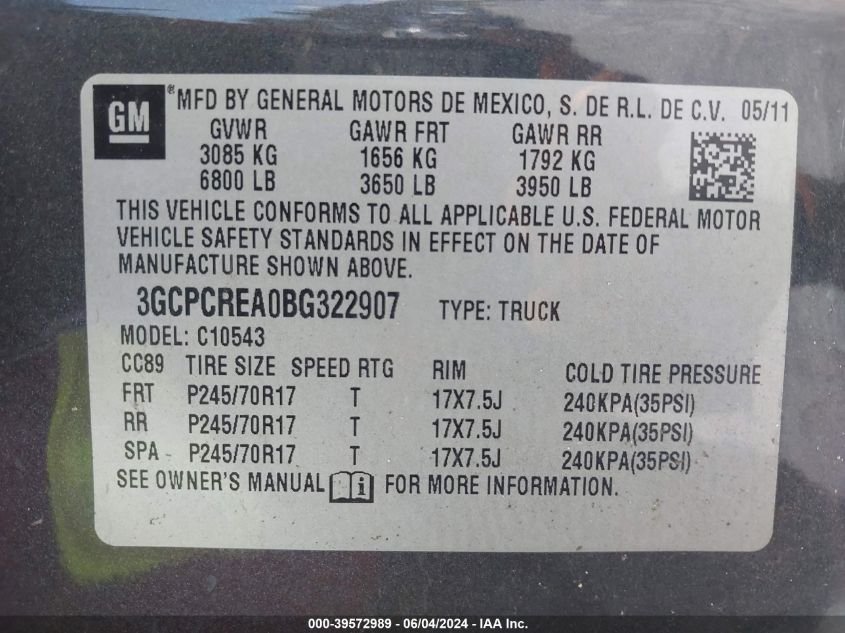 2011 Chevrolet Silverado 1500 Ls VIN: 3GCPCREA0BG322907 Lot: 39572989