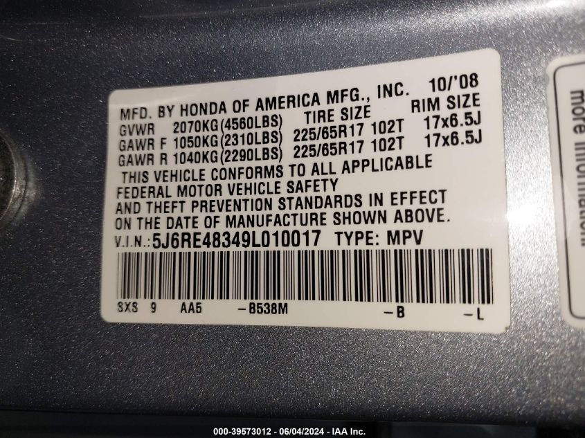 2009 Honda Cr-V Lx VIN: 5J6RE48349L010017 Lot: 39573012