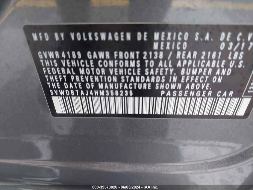 2017 Volkswagen Jetta 1.4T Se VIN: 3VWDB7AJ4HM358235 Lot: 39573026