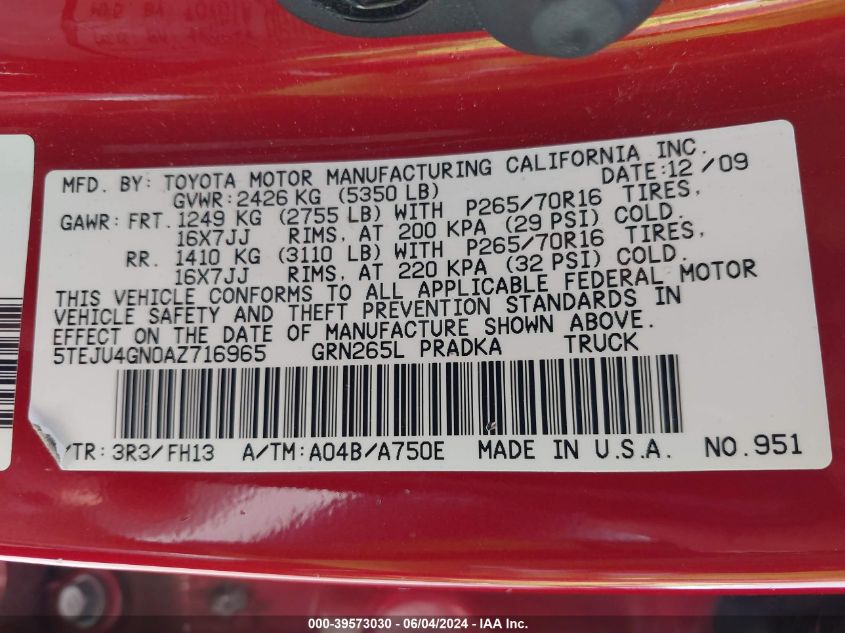 2010 Toyota Tacoma Prerunner V6 VIN: 5TEJU4GN0AZ716965 Lot: 39573030