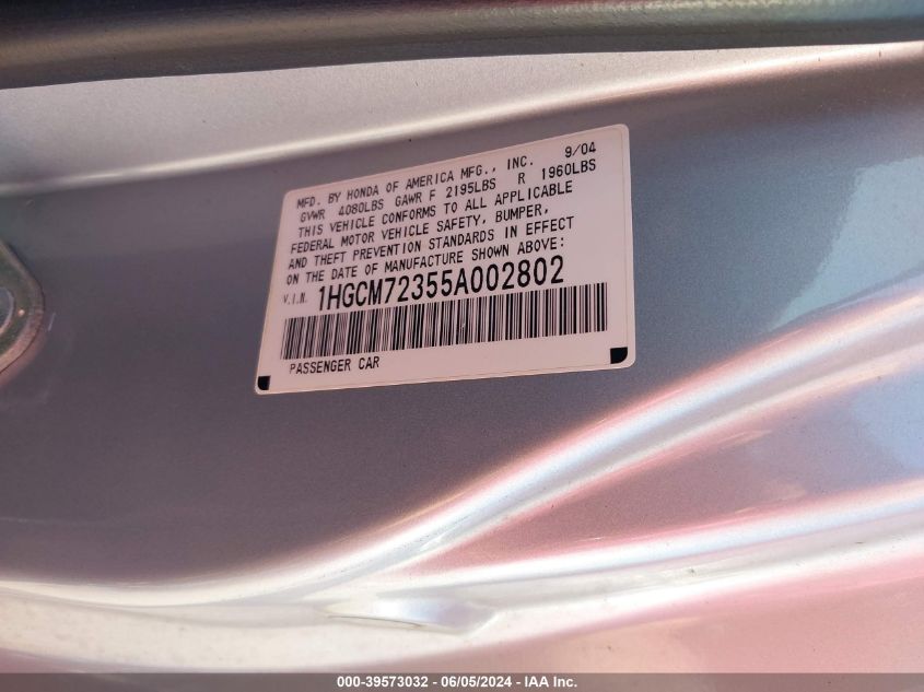 2005 Honda Accord 2.4 Lx VIN: 1HGCM72355A002802 Lot: 39573032