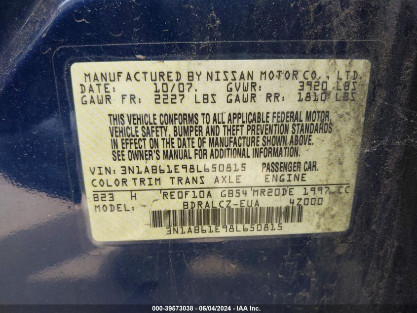 2008 Nissan Sentra 2.0 VIN: 3N1AB61E98L650815 Lot: 39573038