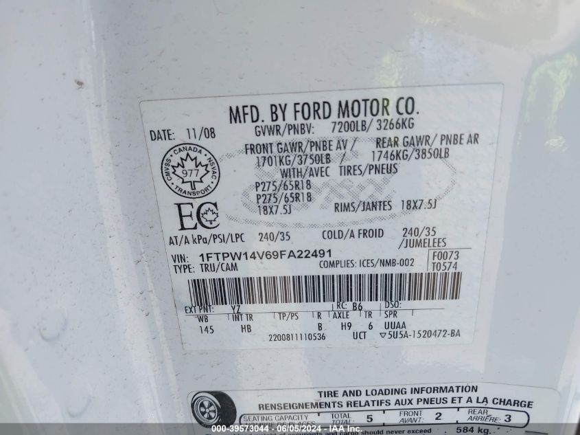 2009 Ford F-150 Fx4/King Ranch/Lariat/Platinum/Xl/Xlt VIN: 1FTPW14V69FA22491 Lot: 39573044