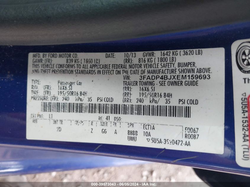 2014 Ford Fiesta Se VIN: 3FADP4BJXEM159693 Lot: 39573043