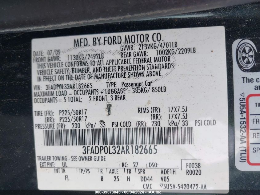 2010 Ford Fusion Hybrid VIN: 3FADP0L32AR182665 Lot: 39573045