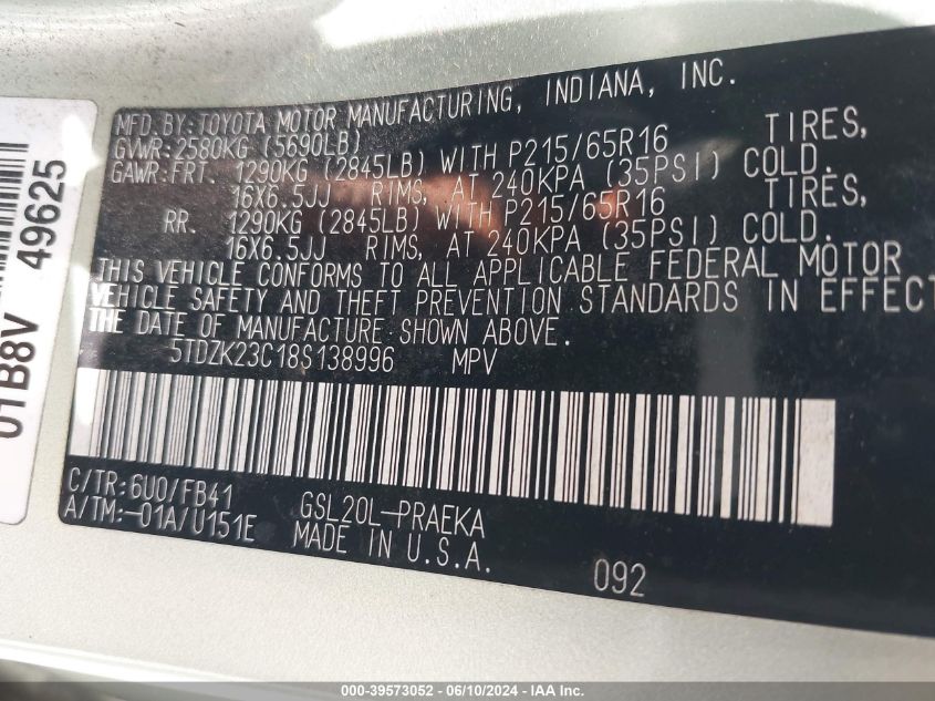 2008 Toyota Sienna Ce VIN: 5TDZK23C18S138996 Lot: 39573052