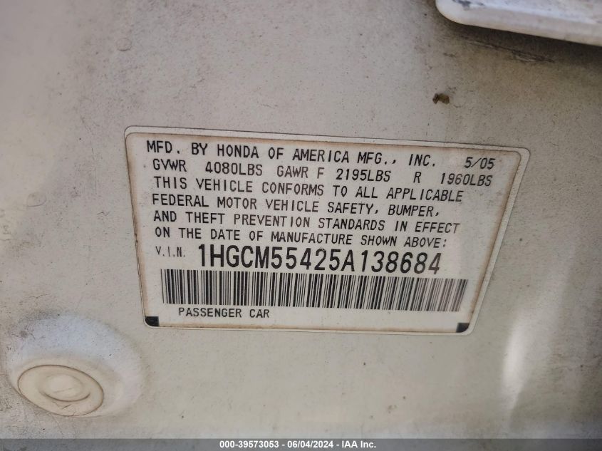 2005 Honda Accord 2.4 Lx VIN: 1HGCM55425A138684 Lot: 39573053