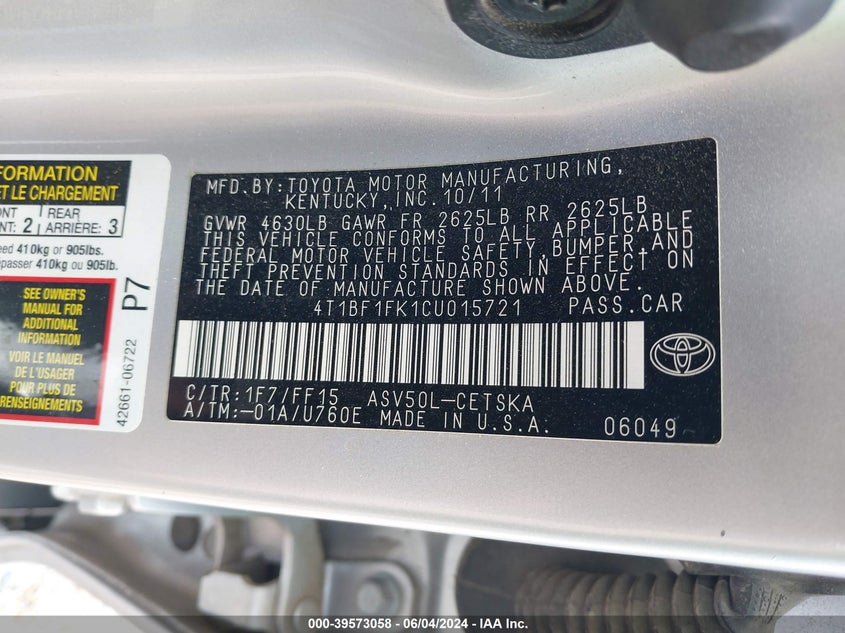 2012 Toyota Camry Se VIN: 4T1BF1FK1CU015721 Lot: 39573058