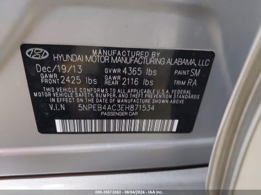 2014 Hyundai Sonata Gls VIN: 5NPEB4AC3EH871534 Lot: 39573063